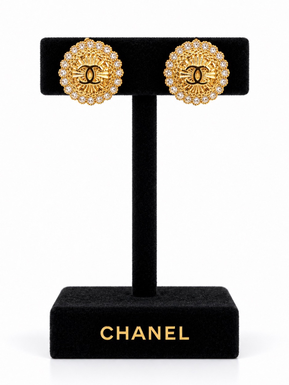 CHANEL Gold CC Crystal Halo Button Earrings